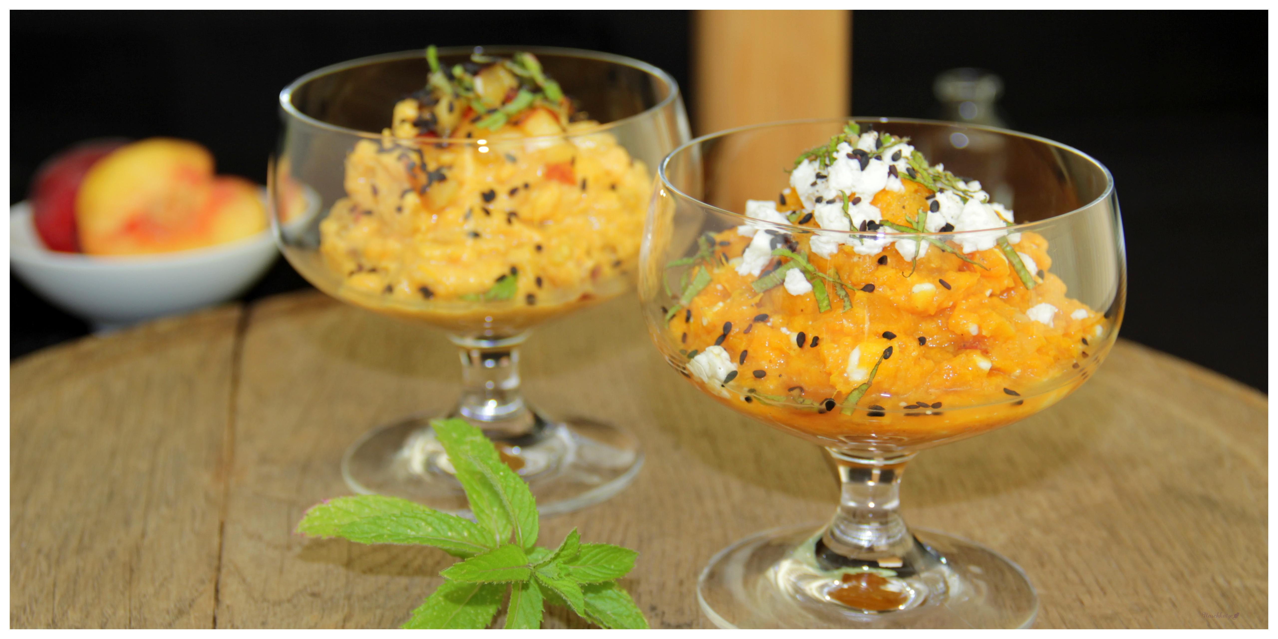 Fruchtig-pikanter Süßkartoffelaufstrich mit Pfirsich und Feta