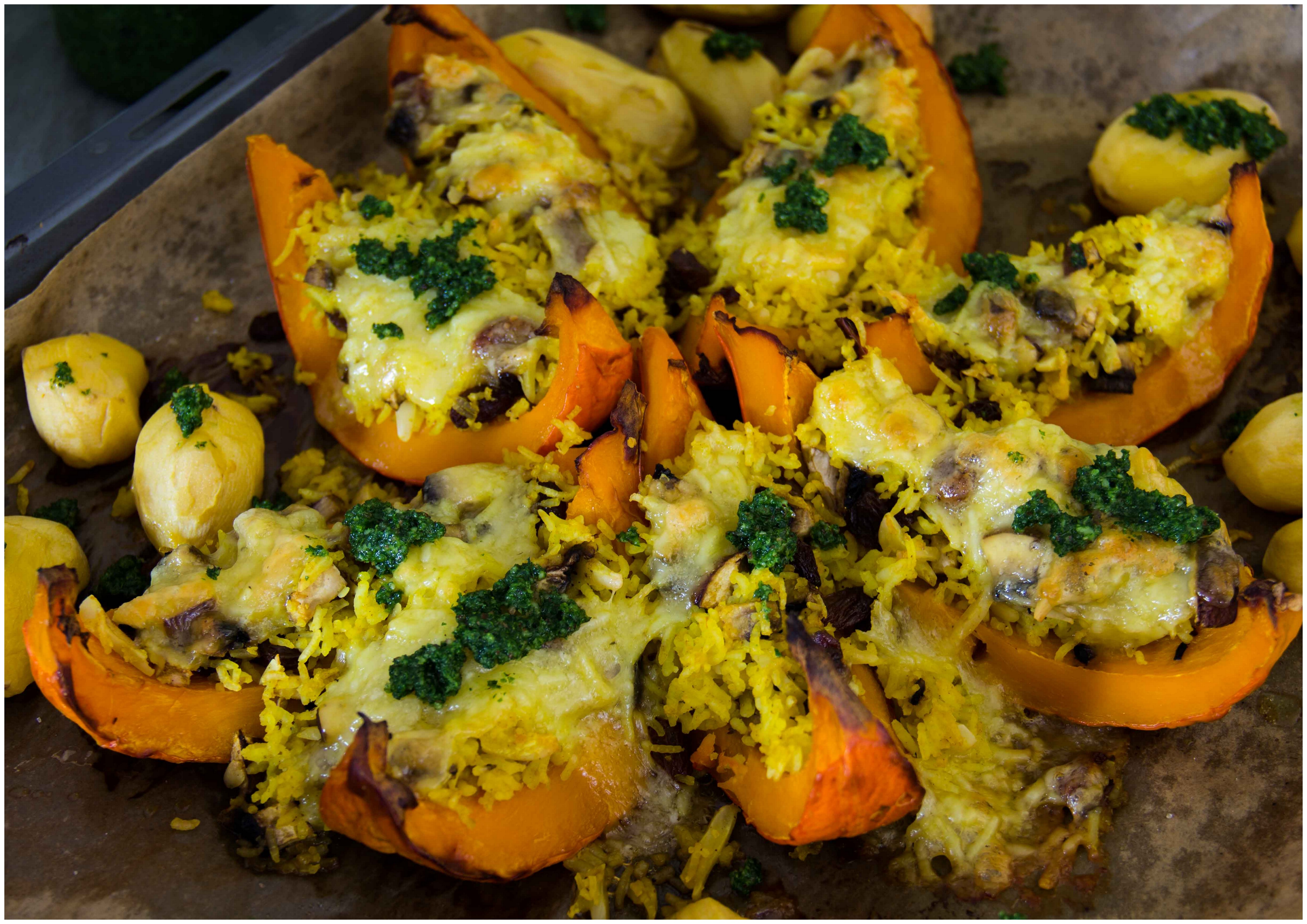 Gebackener Kürbis mit Reis & Kohlpesto
